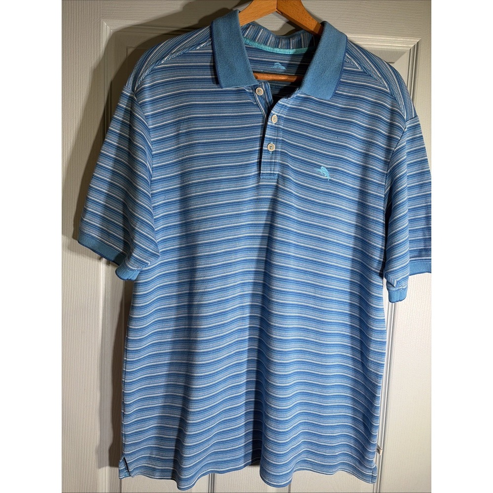 Tommy Bahama Men's Sz Large Blue Striped Polo. Beach, Vacation.
